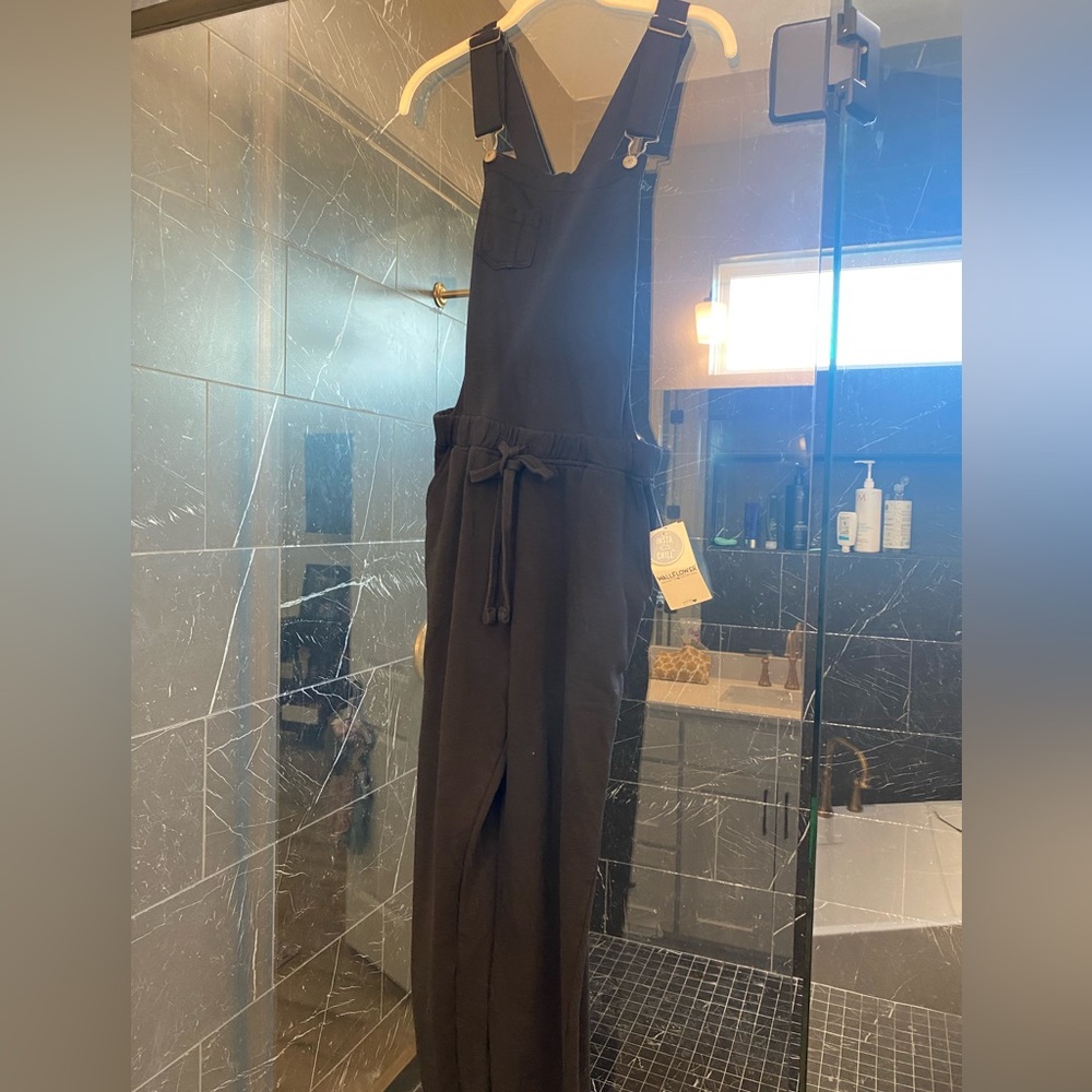Black cozy fabric overalls